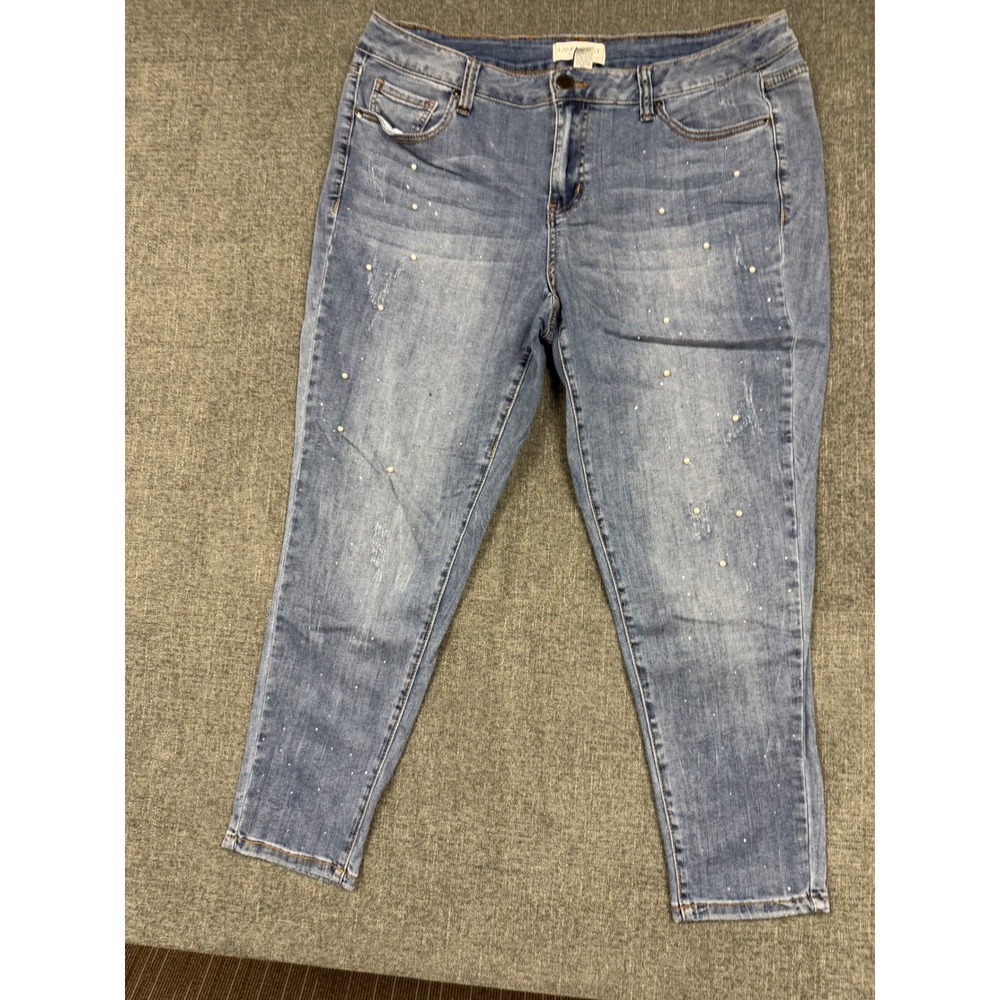 Lane Bryant 18P Super Stretch Skinny Jeans Mid Rise Pearl Embellished Distressed
